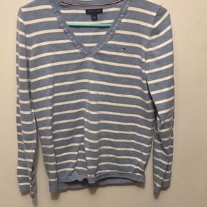 Tommy Hilfiger Blue and Cream V-Neck Sweater